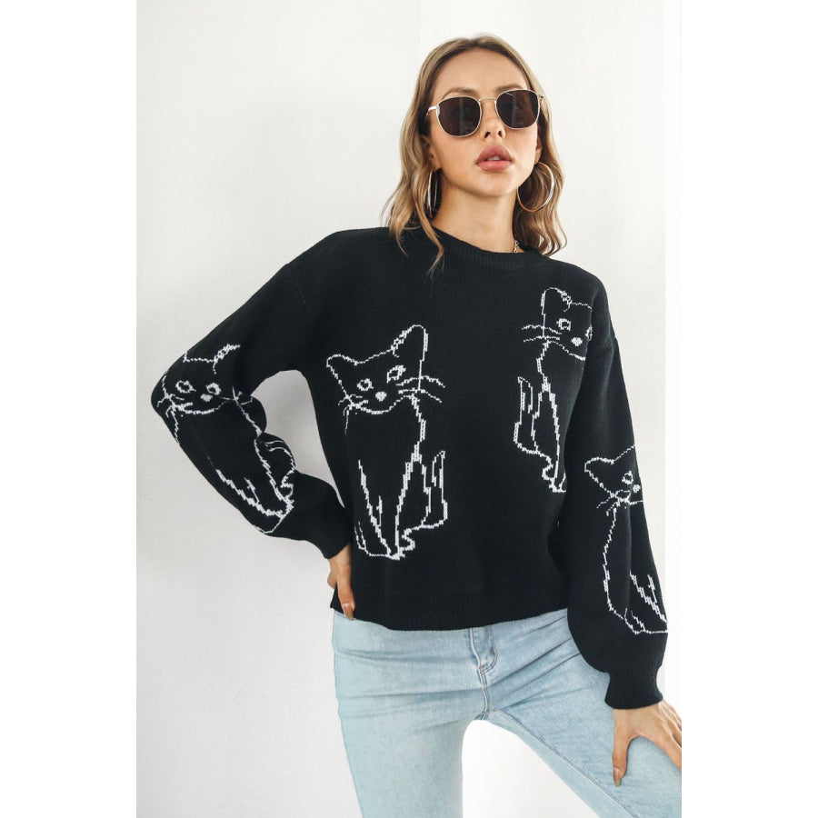 Cat Pattern Round Neck Long Sleeve Pullover Sweater