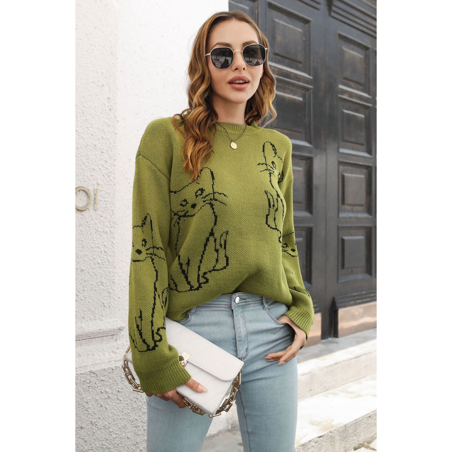 Cat Pattern Round Neck Long Sleeve Pullover Sweater