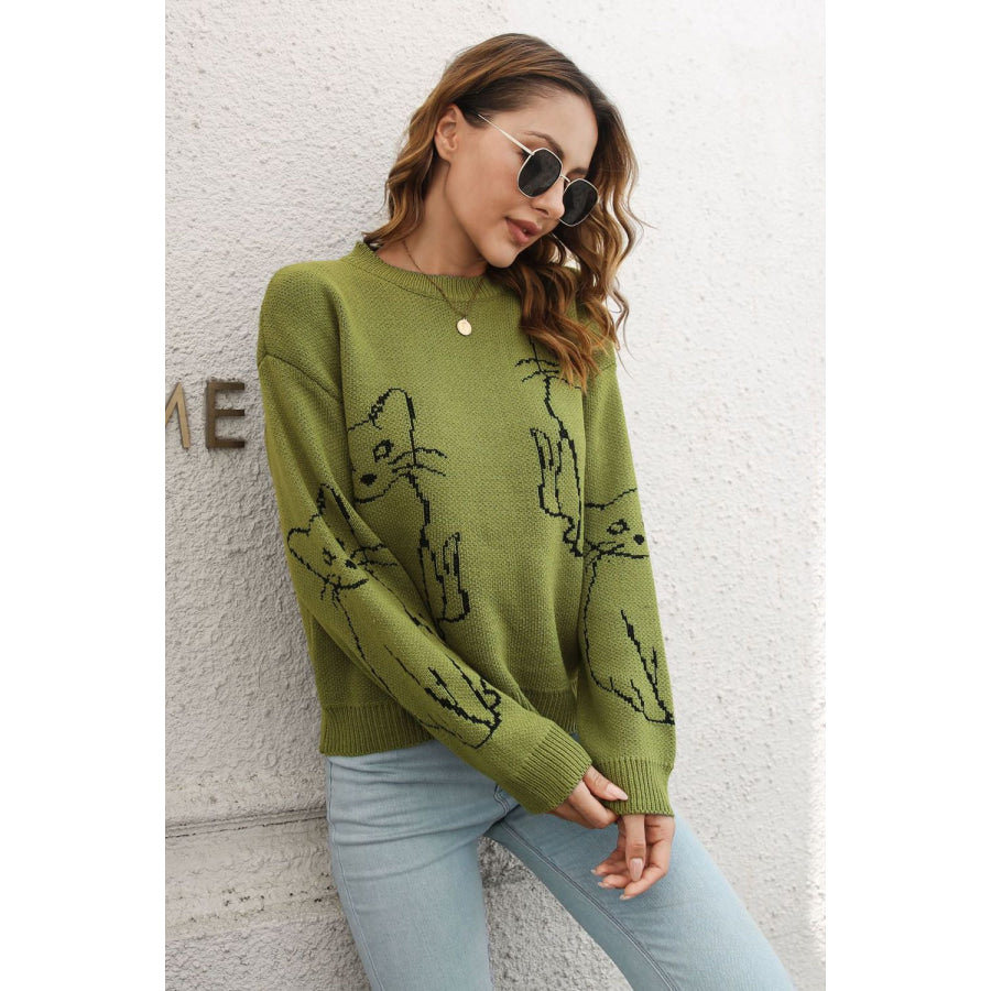 Cat Pattern Round Neck Long Sleeve Pullover Sweater