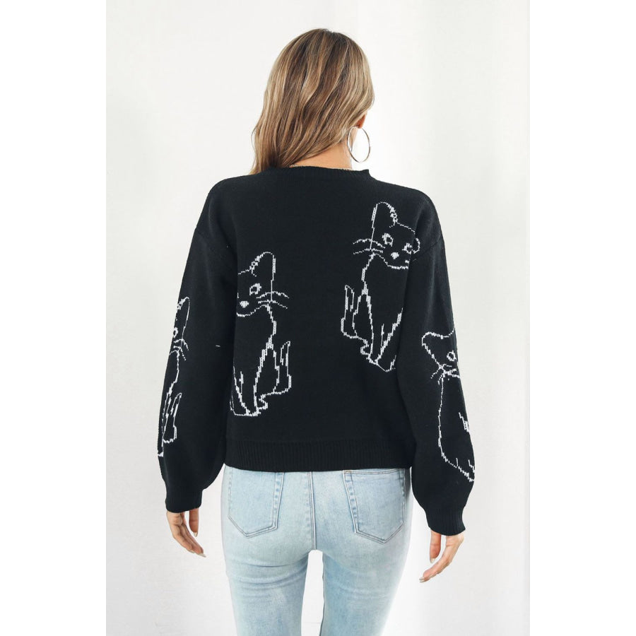 Cat Pattern Round Neck Long Sleeve Pullover Sweater Black / S