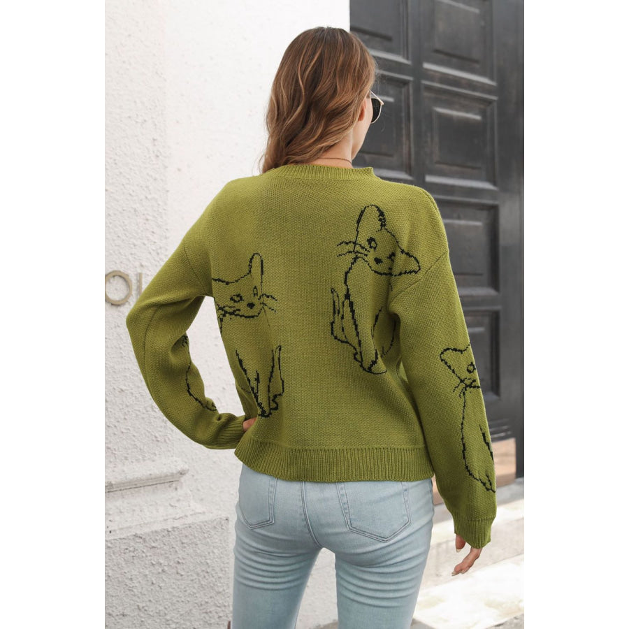 Cat Pattern Round Neck Long Sleeve Pullover Sweater