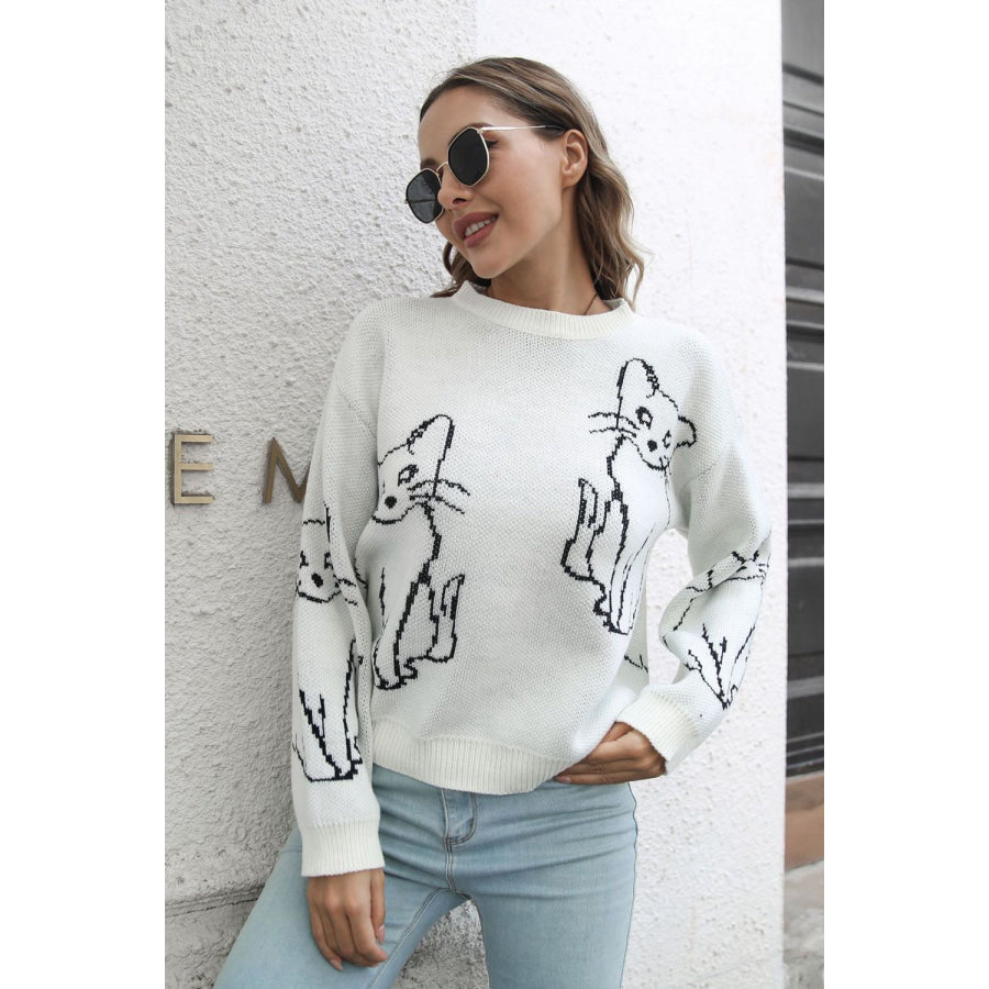 Cat Pattern Round Neck Long Sleeve Pullover Sweater