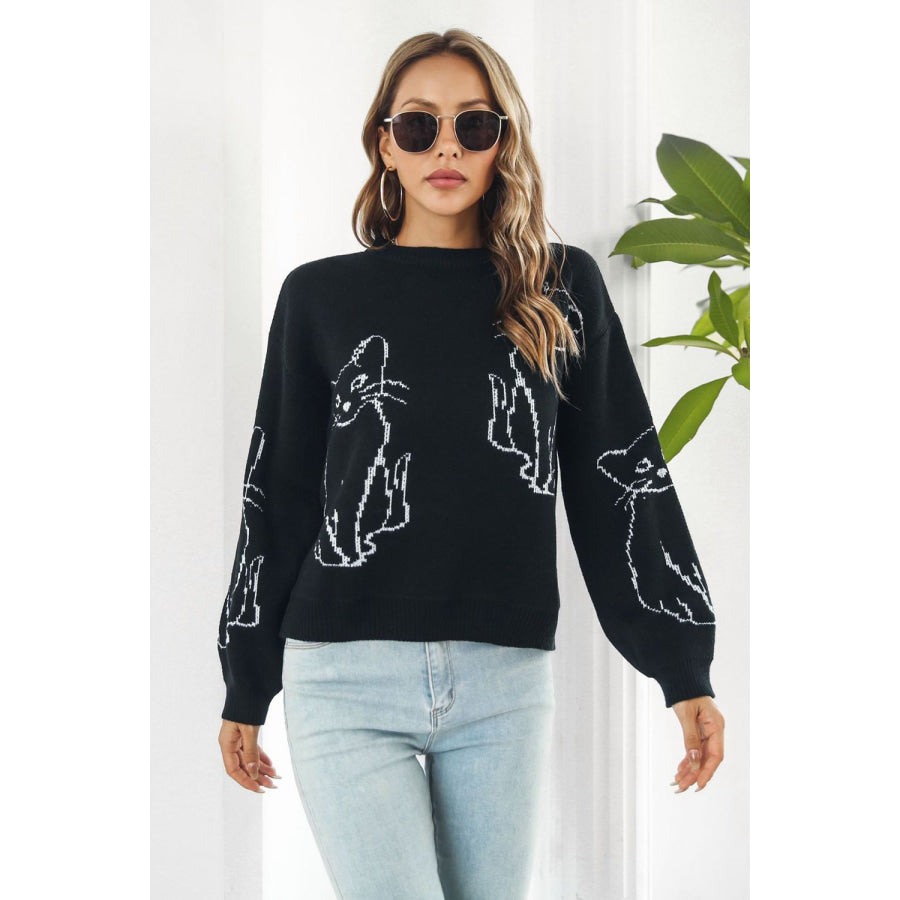 Cat Pattern Round Neck Long Sleeve Pullover Sweater
