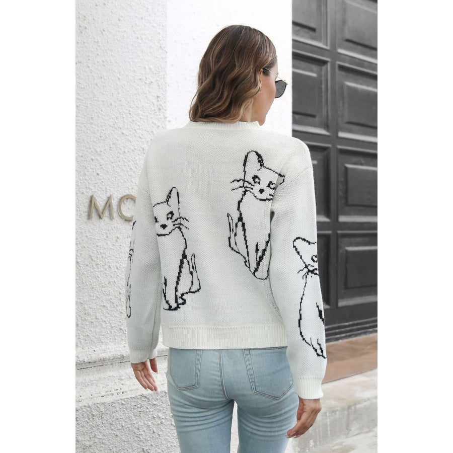 Cat Pattern Round Neck Long Sleeve Pullover Sweater