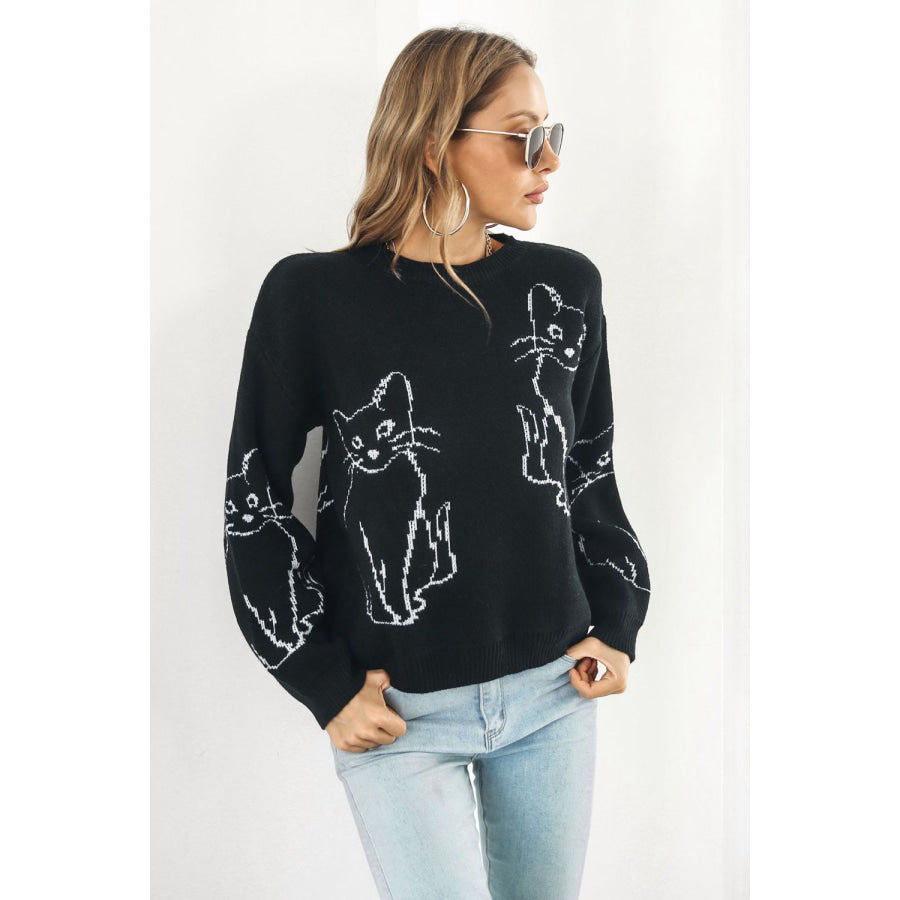 Cat Pattern Round Neck Long Sleeve Pullover Sweater