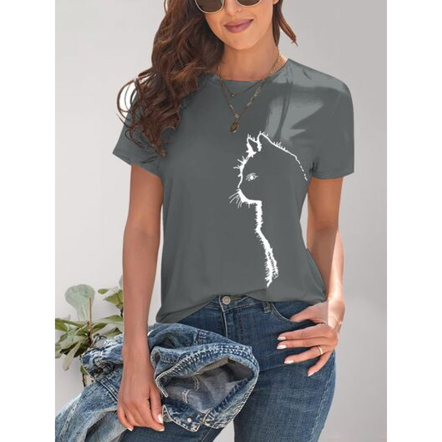 Cat Round Neck Short Sleeve T - Shirt Apparel and Accessories