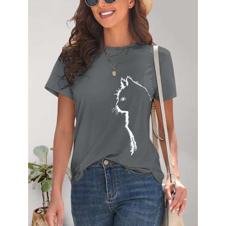 Cat Round Neck Short Sleeve T - Shirt Charcoal / S Apparel and Accessories