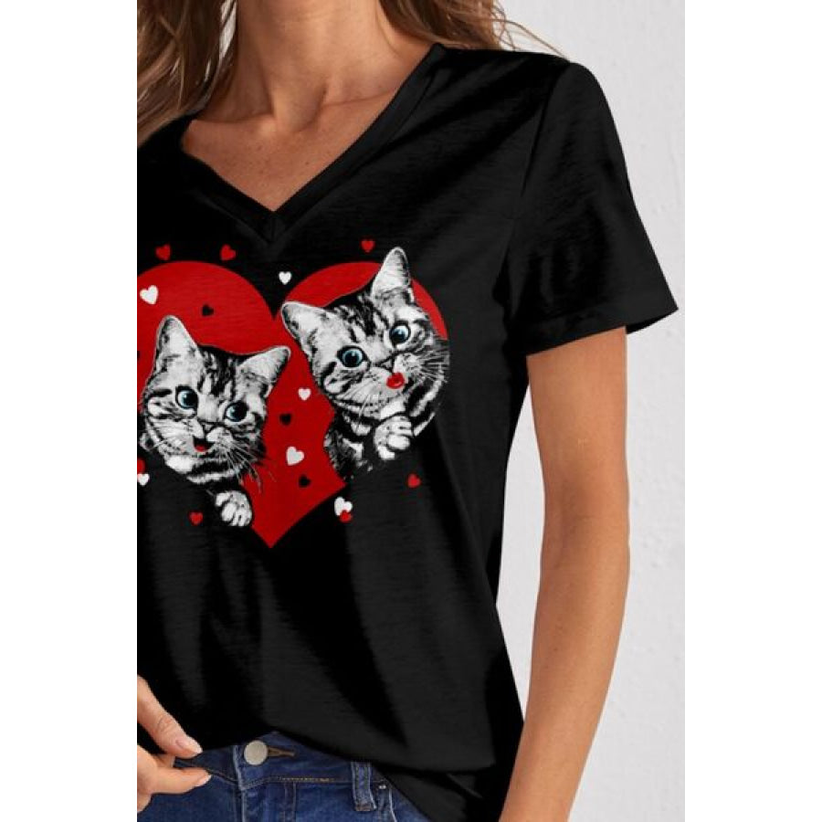 Cat V - Neck Short Sleeve T - Shirt Apparel and Accessories