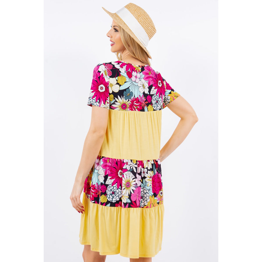 Celeste Full Size Color Block Floral Round Neck Short Sleeve Dress Apparel and Accessories