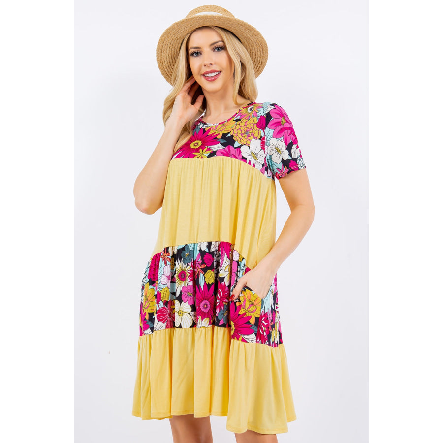 Celeste Full Size Color Block Floral Round Neck Short Sleeve Dress Apparel and Accessories