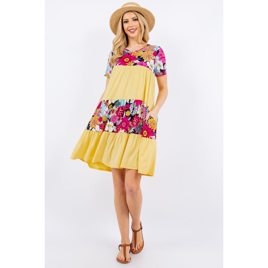 Celeste Full Size Color Block Floral Round Neck Short Sleeve Dress Yellow Mint / S Apparel and Accessories