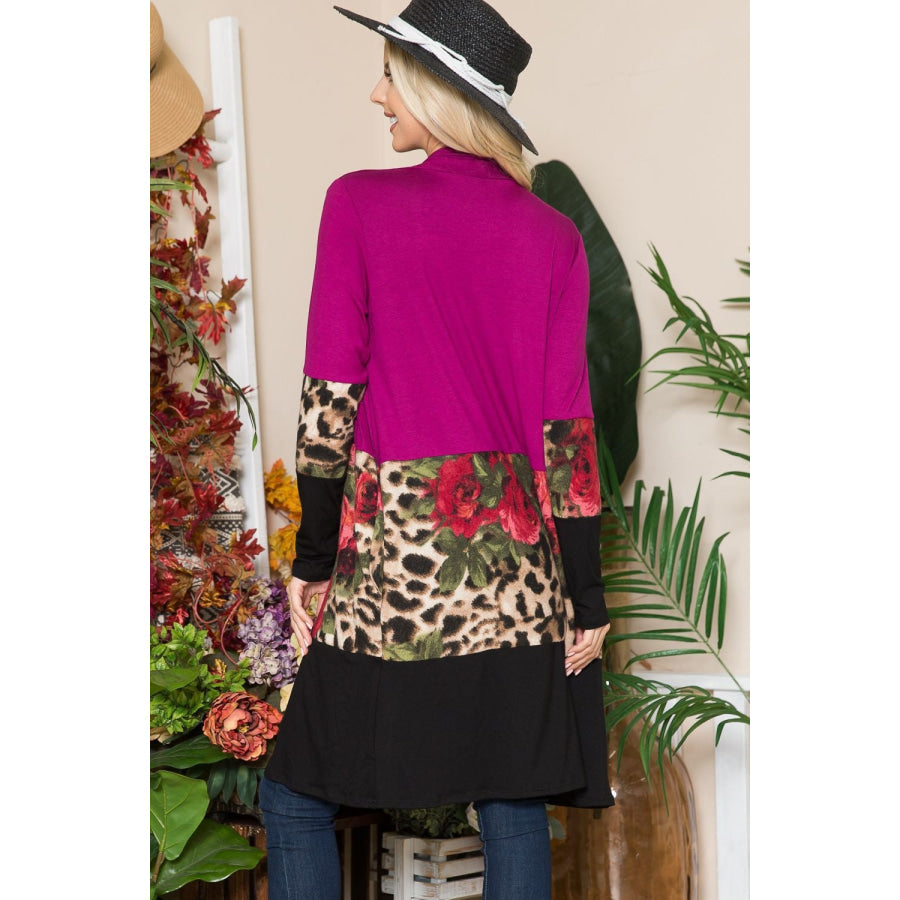 Celeste Full Size Color Block Open Front Cardigan Magenta / S Apparel and Accessories