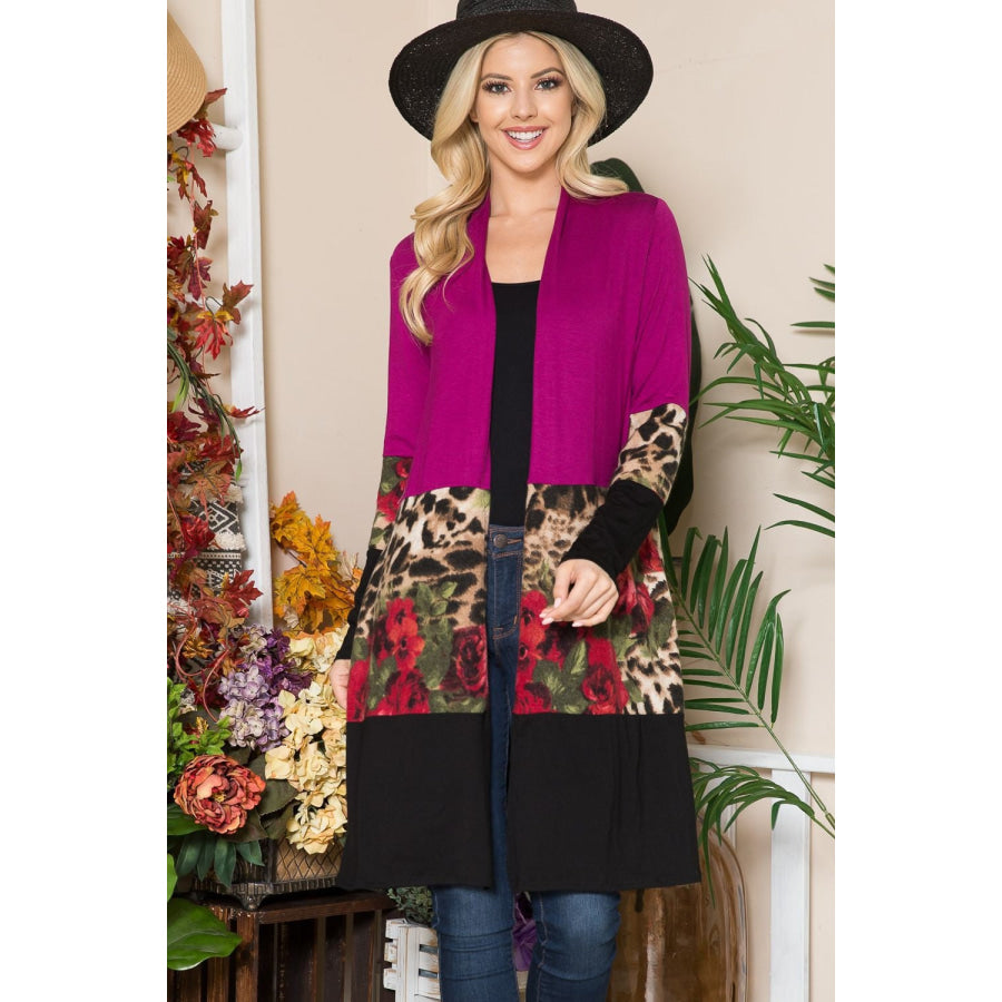 Celeste Full Size Color Block Open Front Cardigan Magenta / S Apparel and Accessories