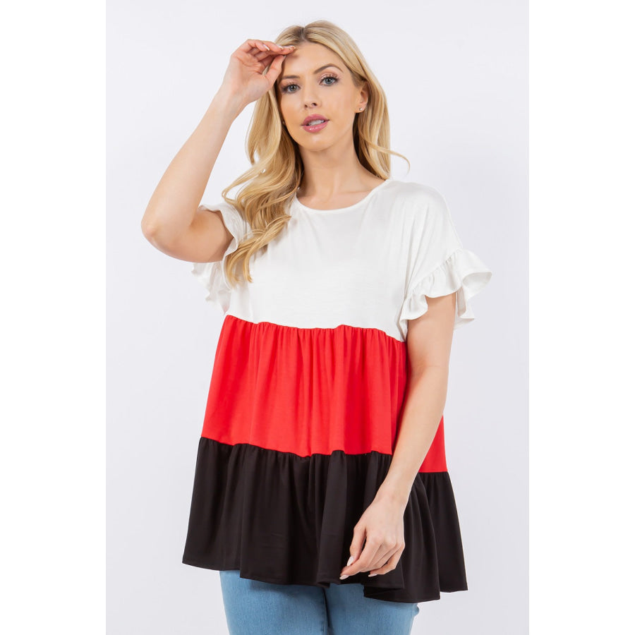 Celeste Full Size Color Block Ruffled Short Sleeve Top Apparel and Accessories