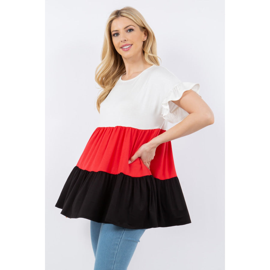 Celeste Full Size Color Block Ruffled Short Sleeve Top Apparel and Accessories