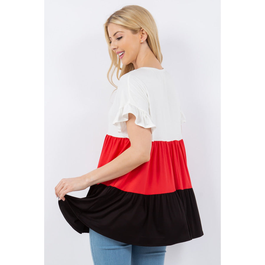 Celeste Full Size Color Block Ruffled Short Sleeve Top Ivory/Black / S Apparel and Accessories
