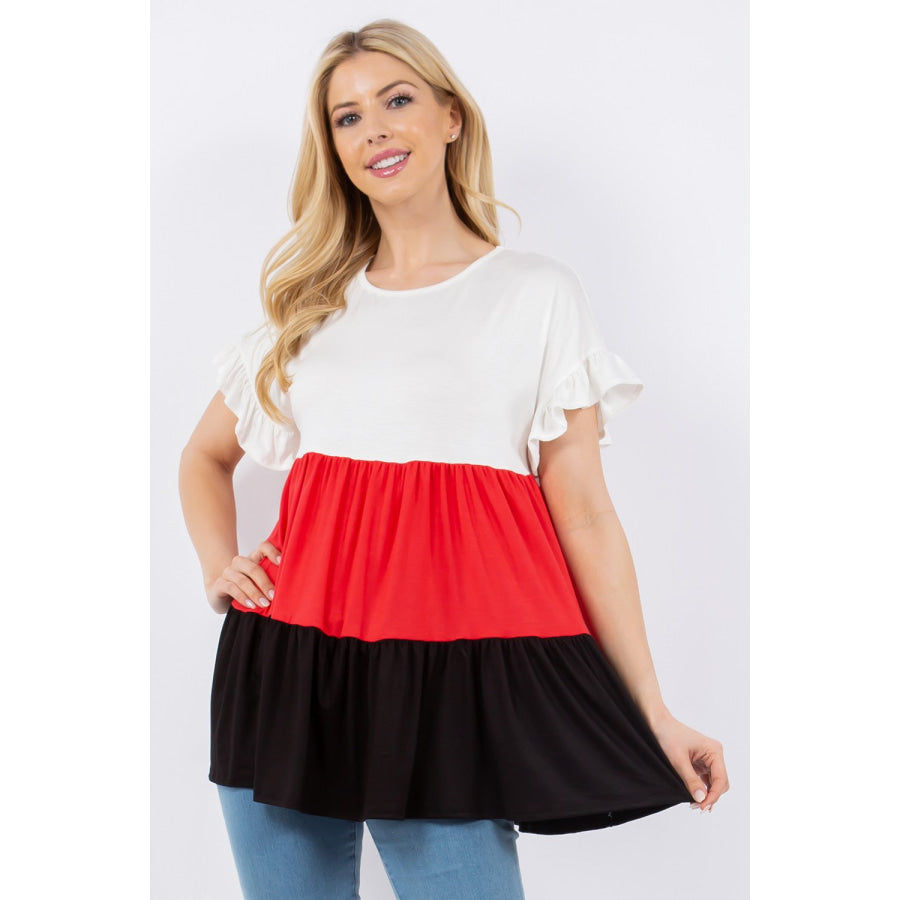 Celeste Full Size Color Block Ruffled Short Sleeve Top Ivory/Black / S Apparel and Accessories