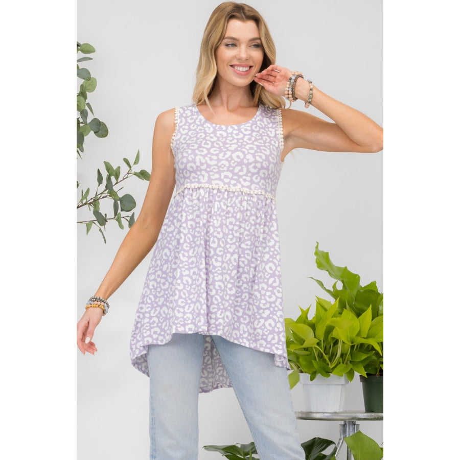 Celeste Full Size Contrast High-Low Hem Tank Lilac Leopard / S Apparel and Accessories