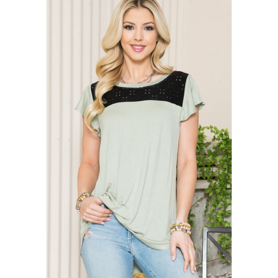 Celeste Full Size Contrast Round Neck Flounce Sleeve Top Sage / S Apparel and Accessories