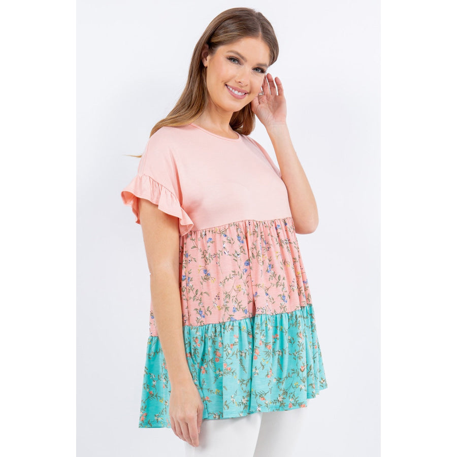 Celeste Full Size Floral Color Block Ruffled Short Sleeve Top Apparel and Accessories