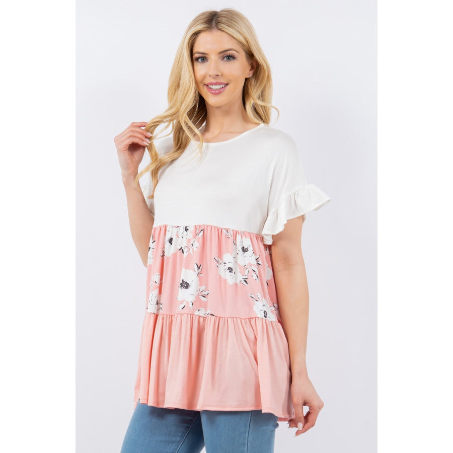 Celeste Full Size Floral Color Block Ruffled Short Sleeve Top Apparel and Accessories