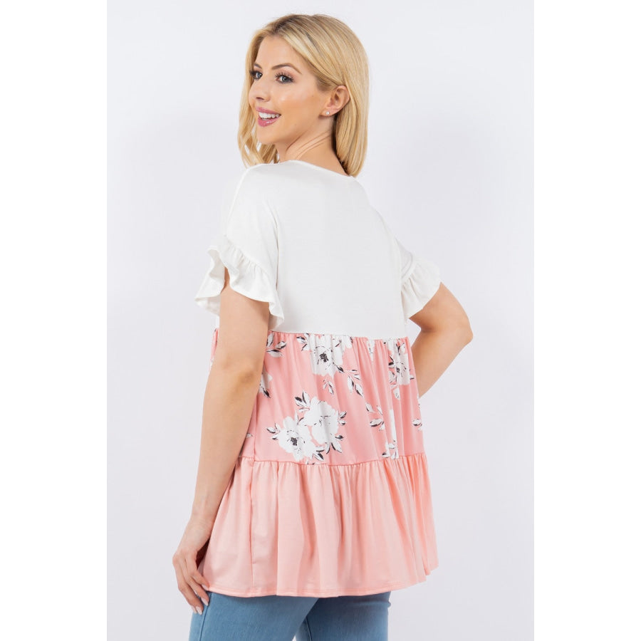 Celeste Full Size Floral Color Block Ruffled Short Sleeve Top Ivory Floral / S Apparel and Accessories