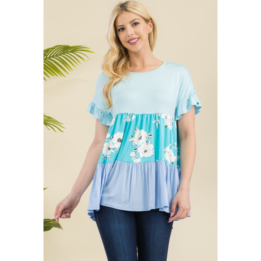 Celeste Full Size Floral Color Block Ruffled Short Sleeve Top Azure / S Apparel and Accessories