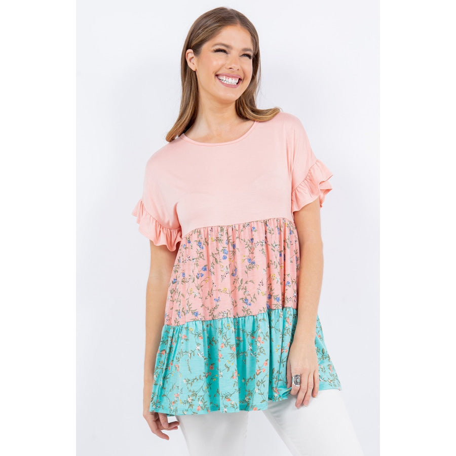Celeste Full Size Floral Color Block Ruffled Short Sleeve Top Peach/Peach/Mint / S Apparel and Accessories