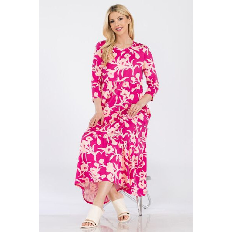 Celeste Full Size Floral Round Neck Ruffle Hem Dress Apparel and Accessories