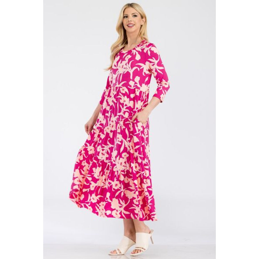 Celeste Full Size Floral Round Neck Ruffle Hem Dress Apparel and Accessories
