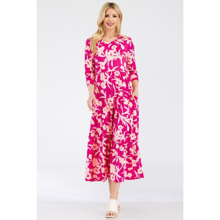 Celeste Full Size Floral Round Neck Ruffle Hem Dress Apparel and Accessories