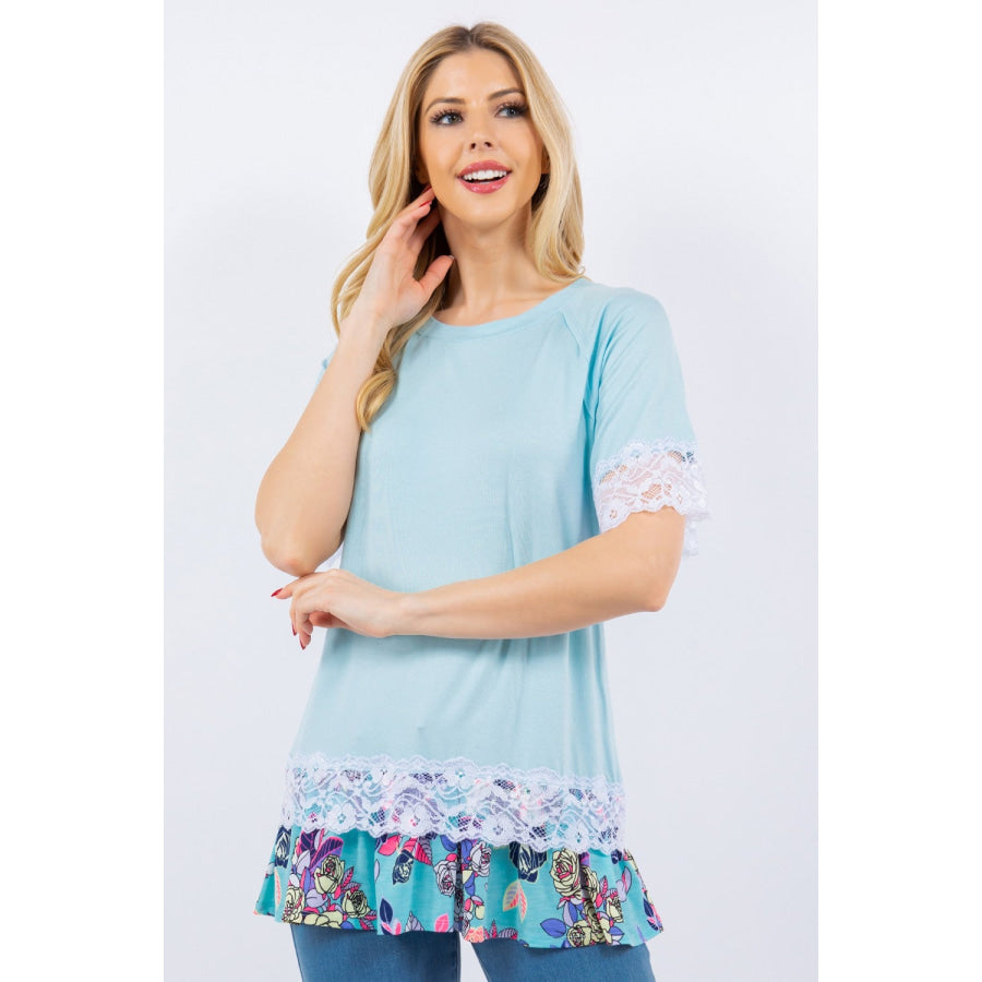 Celeste Full Size Lace Trim Short Sleeve Top Apparel and Accessories