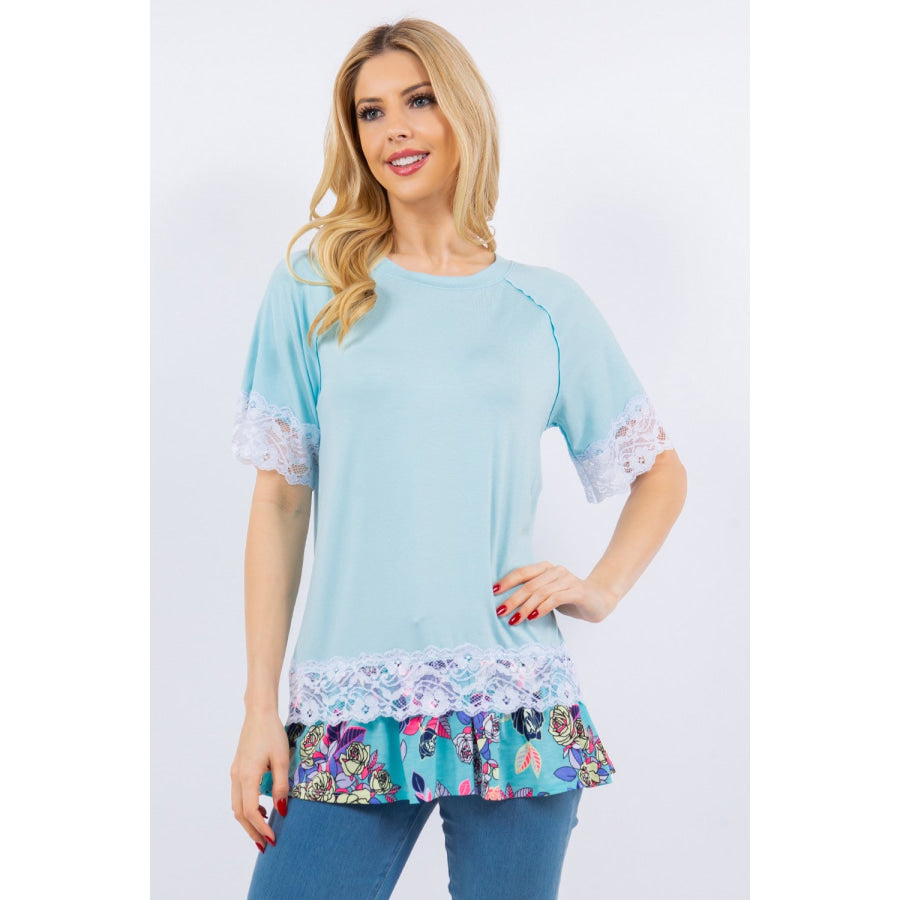 Celeste Full Size Lace Trim Short Sleeve Top Azure Floral / S Apparel and Accessories
