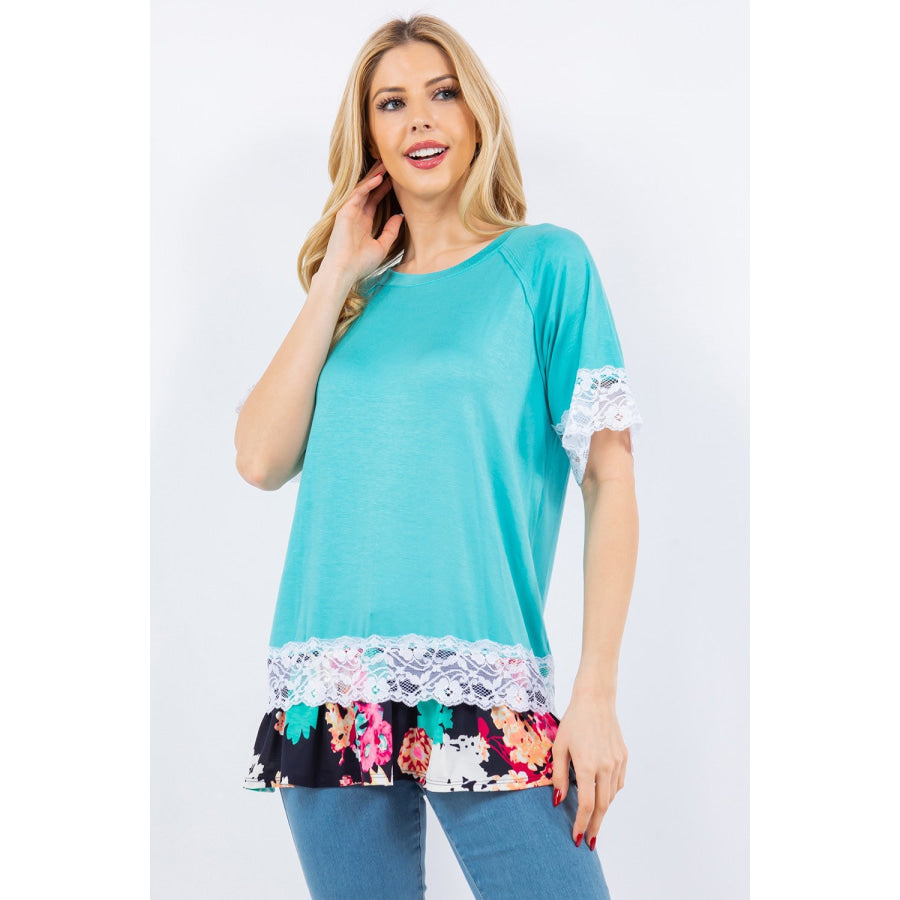 Celeste Full Size Lace Trim Short Sleeve Top Mint Floral / S Apparel and Accessories