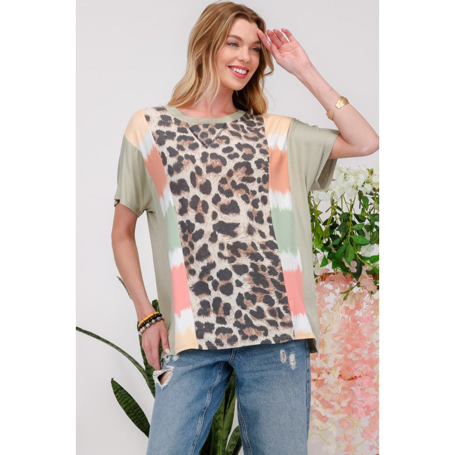 Celeste Full Size Leopard Color Block T-Shirt Apparel and Accessories