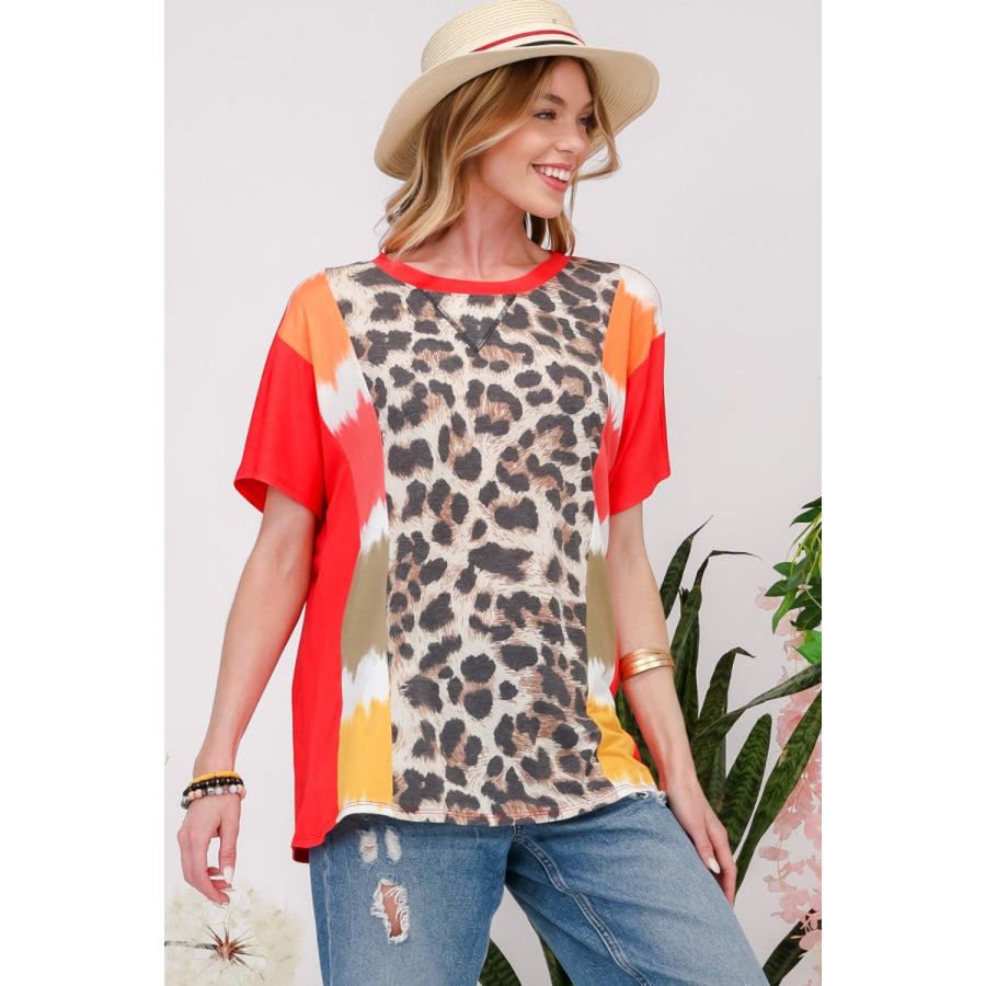 Celeste Full Size Leopard Color Block T-Shirt Apparel and Accessories