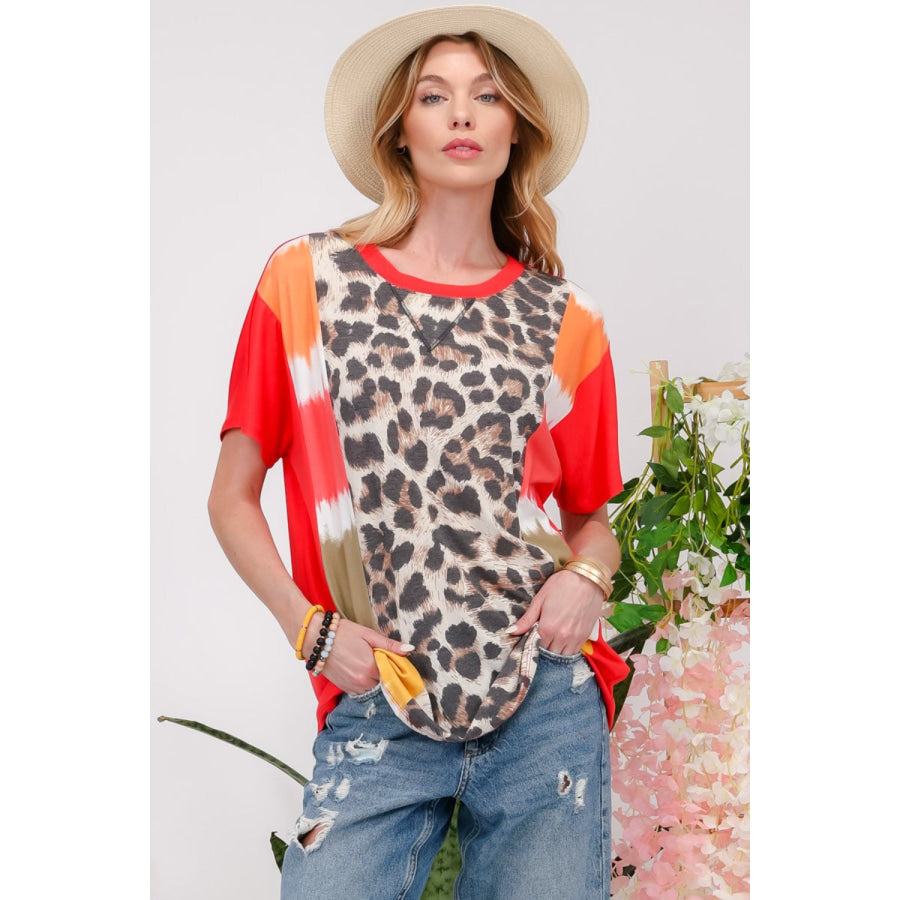Celeste Full Size Leopard Color Block T-Shirt Dk Coral / S Apparel and Accessories