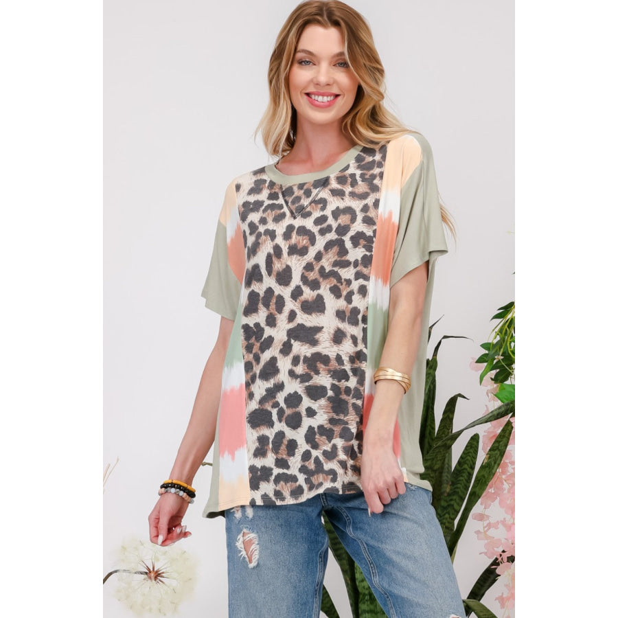 Celeste Full Size Leopard Color Block T-Shirt Sage / S Apparel and Accessories