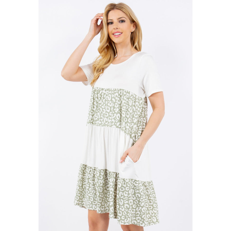 Celeste Full Size Leopard Round Neck Short Sleeve Dress Ivory Leopard / S Apparel and Accessories