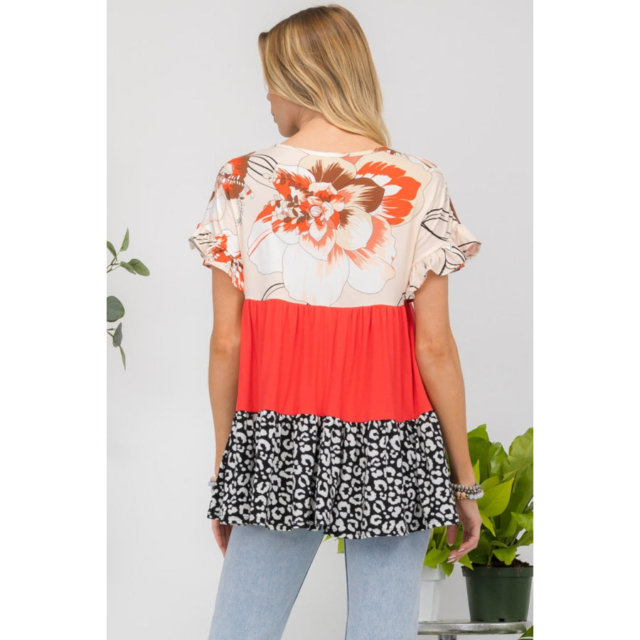 Celeste Full Size Printed Color Block Ruffled Short Sleeve Top Taupe Floral / S Apparel and Accessories