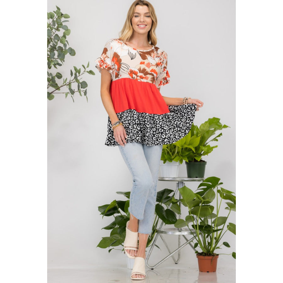 Celeste Full Size Printed Color Block Ruffled Short Sleeve Top Taupe Floral / S Apparel and Accessories