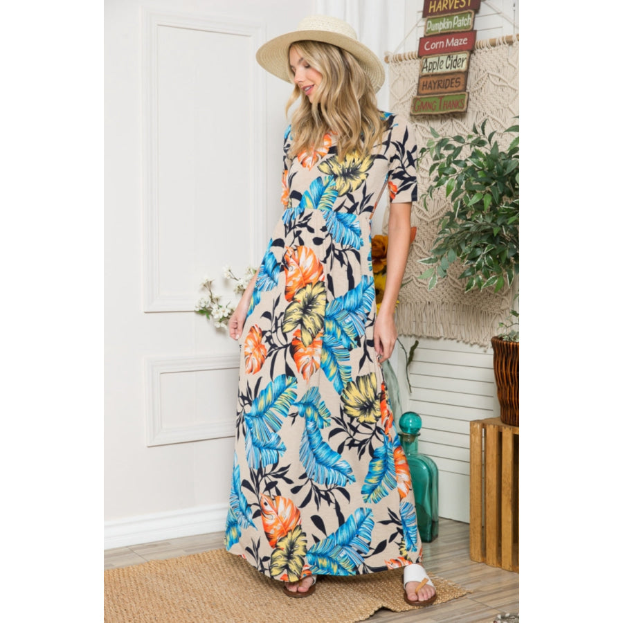Celeste Full Size Printed Round Neck Short Sleeve Maxi Dress Apparel and Accessories