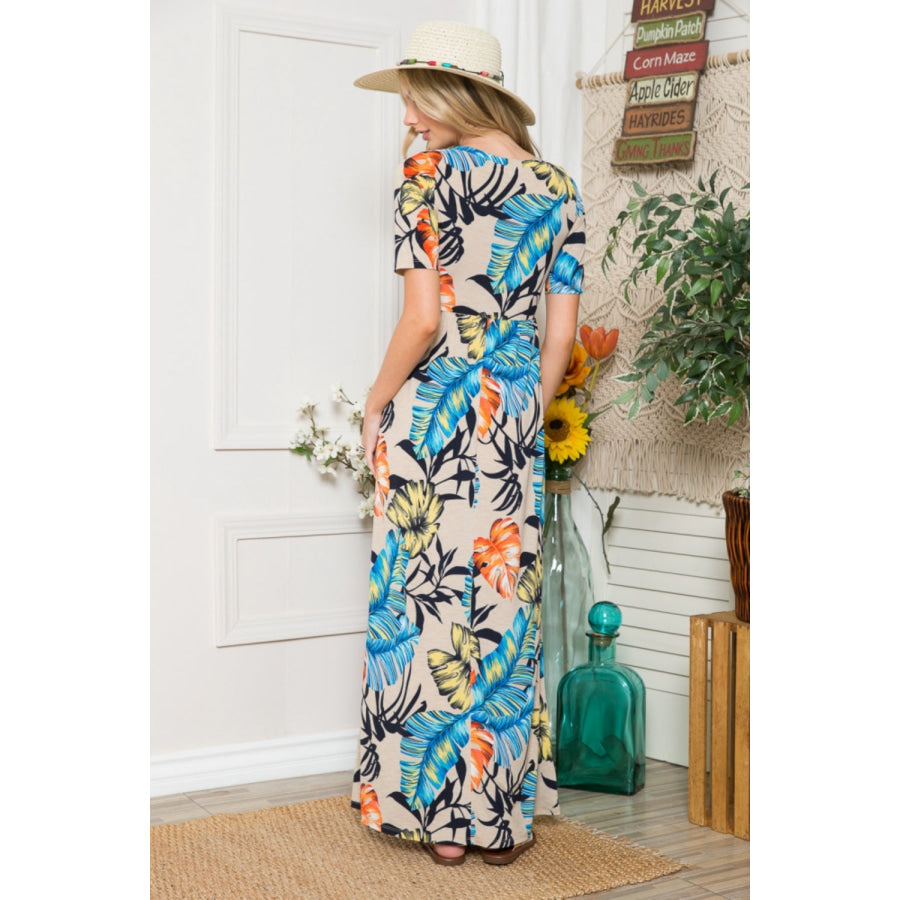 Celeste Full Size Printed Round Neck Short Sleeve Maxi Dress Taupe / S Apparel and Accessories