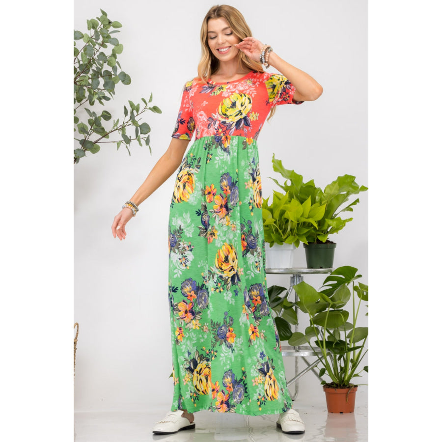 Celeste Full Size Printed Round Neck Short Sleeve Maxi Dress Apparel and Accessories