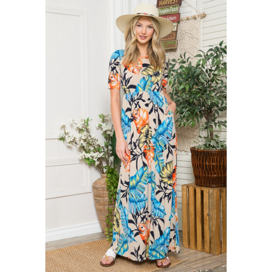 Celeste Full Size Printed Round Neck Short Sleeve Maxi Dress Taupe / S Apparel and Accessories