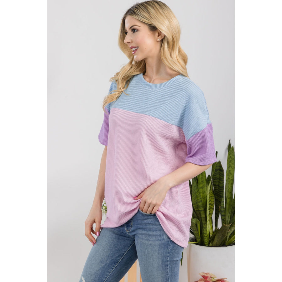Celeste Full Size Ribbed Color Block T-Shirt Apparel and Accessories