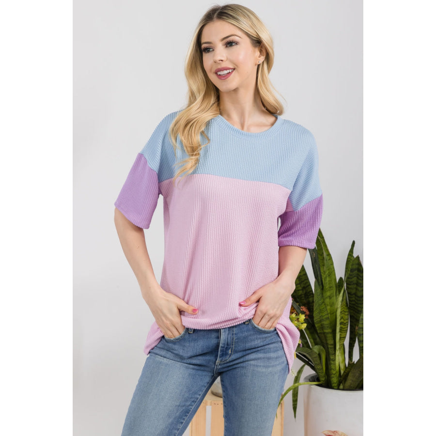 Celeste Full Size Ribbed Color Block T-Shirt Blue / S Apparel and Accessories