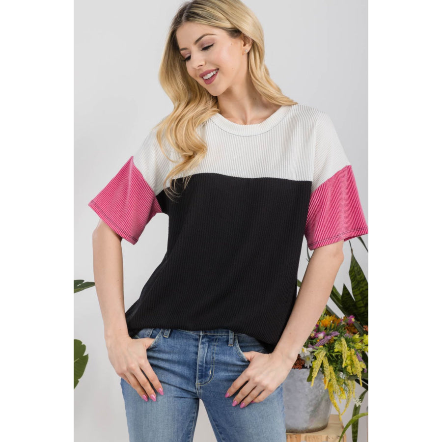 Celeste Full Size Ribbed Color Block T-Shirt Ivory / S Apparel and Accessories