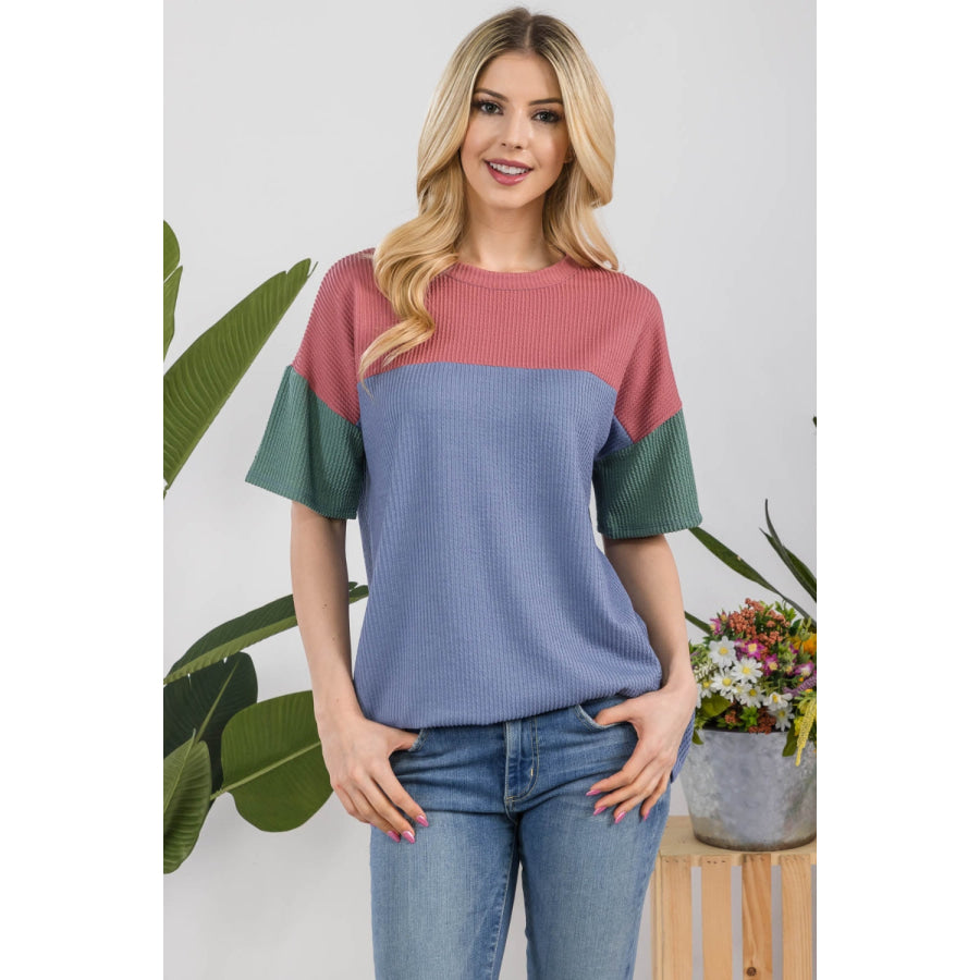 Celeste Full Size Ribbed Color Block T-Shirt Mauve / S Apparel and Accessories