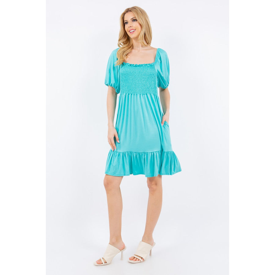 Celeste Full Size Ruffle Hem Short Sleeve Smocked Dress Mint / S Apparel and Accessories